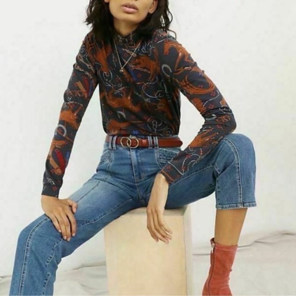 Anthropologie Adventurer Equestrian Horse Mock Neck Long Sleeve Top Size XS